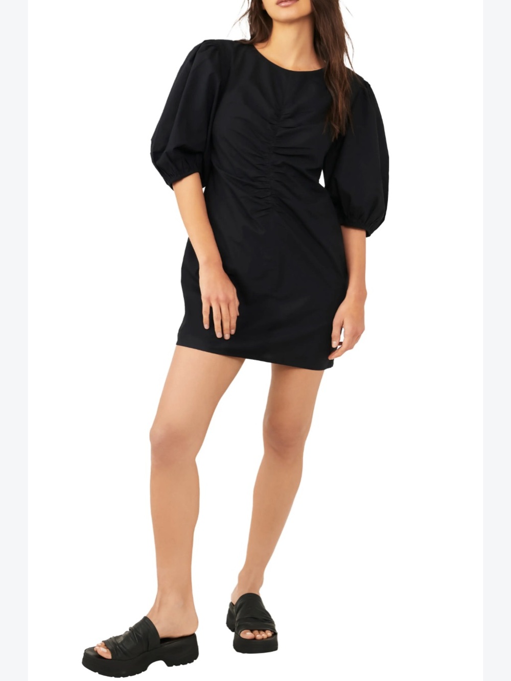 Free People Hope Mini Dress Womens Large Black Puff Sleeve Ruched Cocktail New